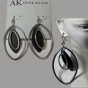 Anne Klein Silver Tone Black Triple Oval Drop Dangle Earrings Geometric Modern
